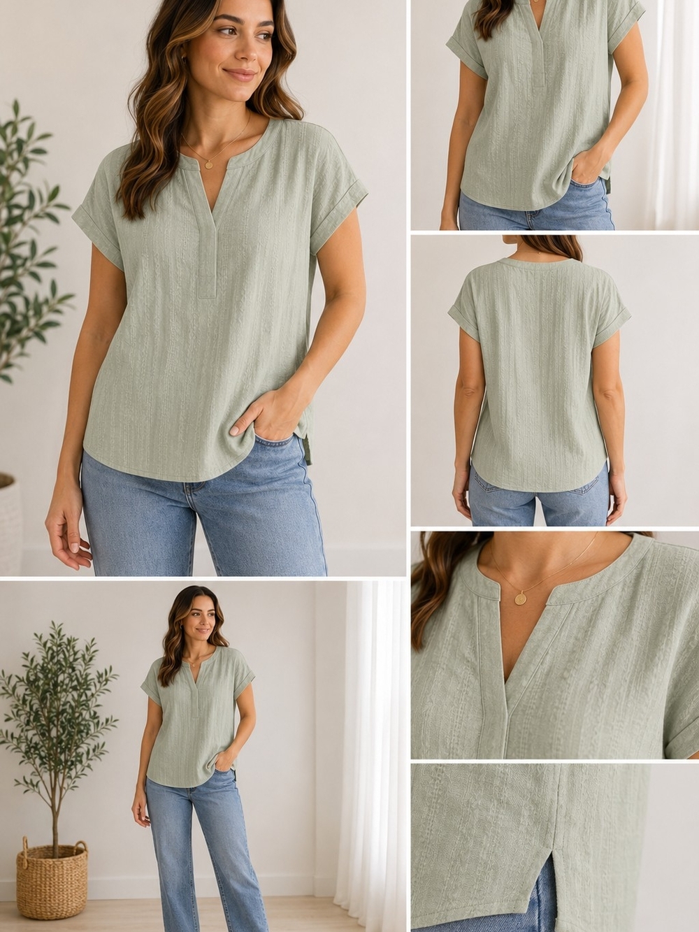 NWT Matty M Sage Green Split Neck Textured Cotton Blouse Large